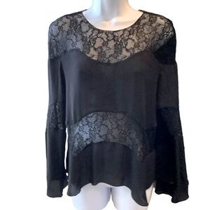 Zara Top Sheer Black Lace With Fabric Long Sleeves Provocative Size Large